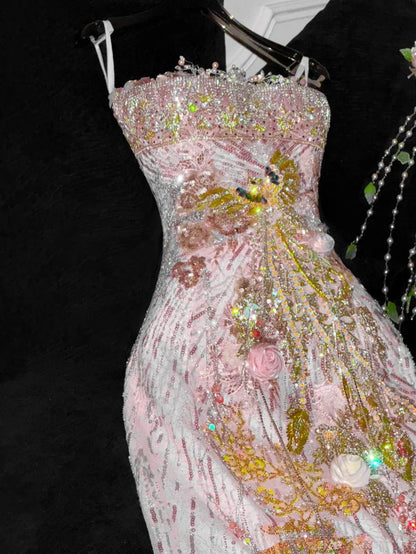 Luxurious Mermaid Spaghetti Straps Satin Sequin Beads Long Prom Dress,Party Dress,Formal Evening Dress GG4950