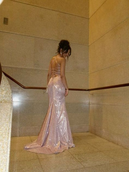 Sparkly Pink Mermaid Spaghetti Straps Sequin Long Prom Dress,Party Dress,Formal Evening Dress GG5025
