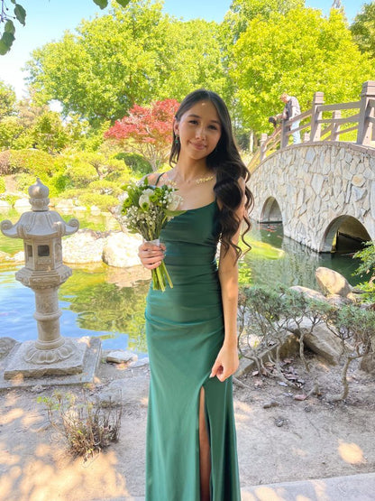 Dark Green Simple Mermaid Spaghetti Straps Satin Slit Long Prom Dress,Evening Dress GG5100