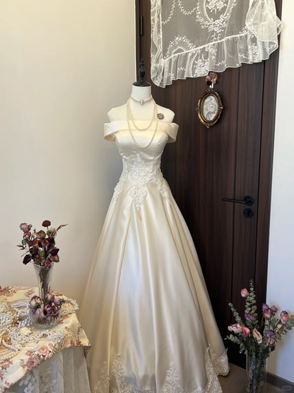 Modest A Line Off The Shoulder Satin Lace Long Prom Dress,Evening Dress GG5126