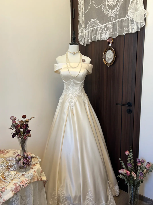 Modest A Line Off The Shoulder Satin Lace Long Prom Dress,Evening Dress GG5126
