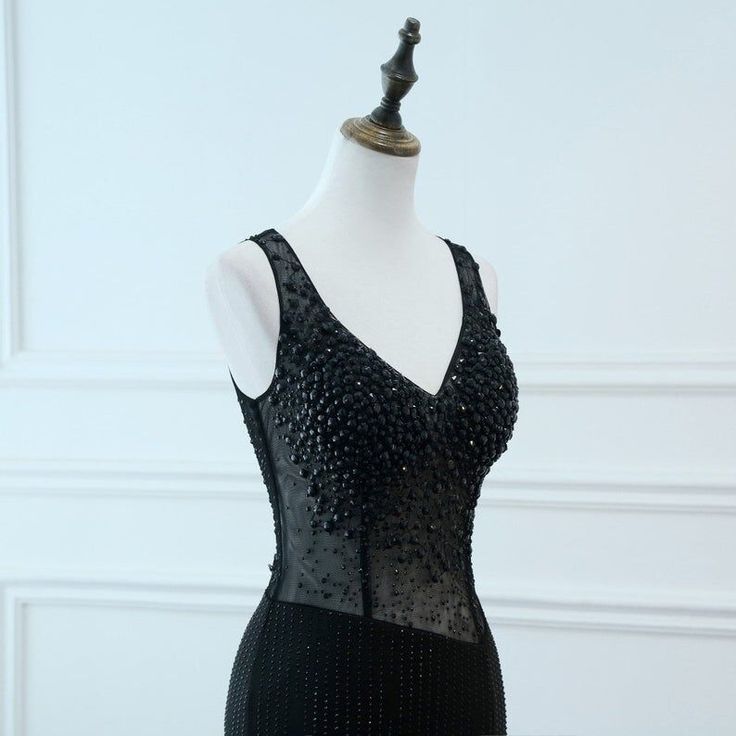 Chic Mermaid Black V Neck Satin Beading Silt Long Prom Dress ,Evening Dress GG516