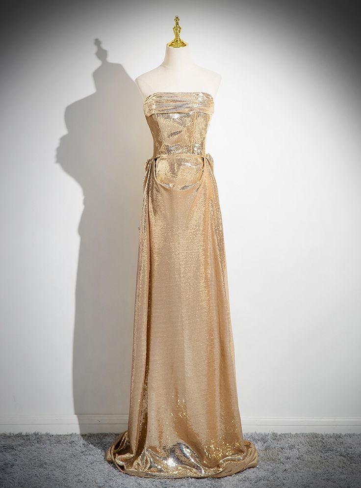 Simple A Line Strapless Gold Sequins Pleats Long Prom Dress ,Evening Dress GG520