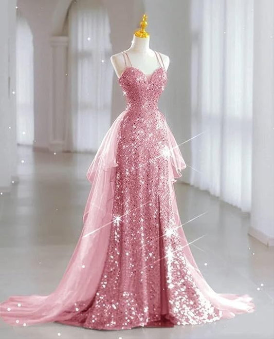 Shiny A Line Sppaghetti Straps Sequin Slit Without Sleeves Long Prom Dress,Evening Dress GG5293