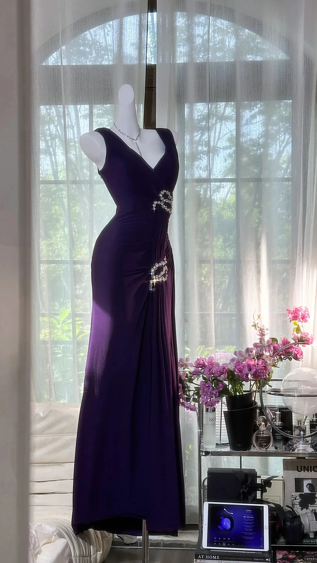 Unique Mermaid Satin Beaded Without Sleeves Long Prom Dress,Evening Dress GG5294