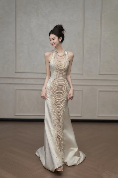 Gorgeous Mermaid Halter Satin Pearls Without Sleeves Long Prom Dress,Evening Dress GG5307