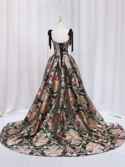 Retro A Line Square Satin Printed Long Prom Dress,Evening Dress GG536