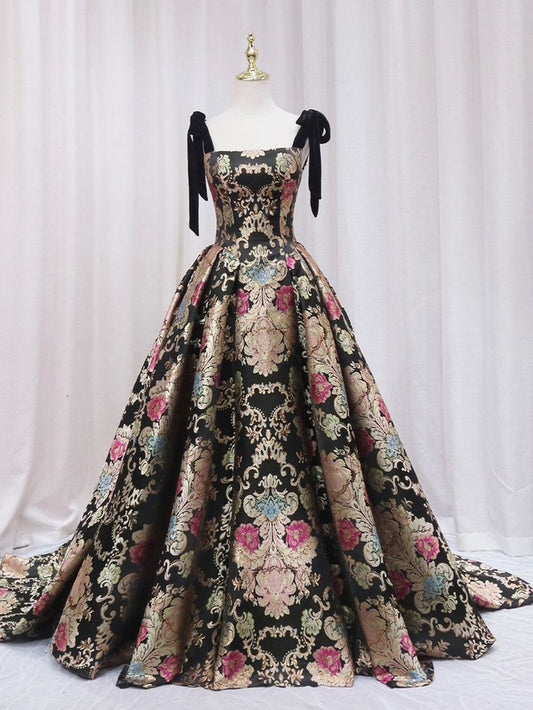 Retro A Line Square Satin Printed Long Prom Dress,Evening Dress GG536