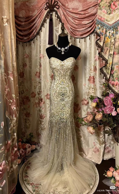 Gorgeous Mermaid Sweetheart Tulle Sequin Beaded Without Sleeves Long Prom Dress,Evening Dress GG5443