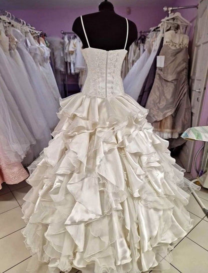 Princess Ball Gown Spaghetti Straps Satin Chiffon Lace Without Sleeves Long Prom Dress,Evening Dress GG5448