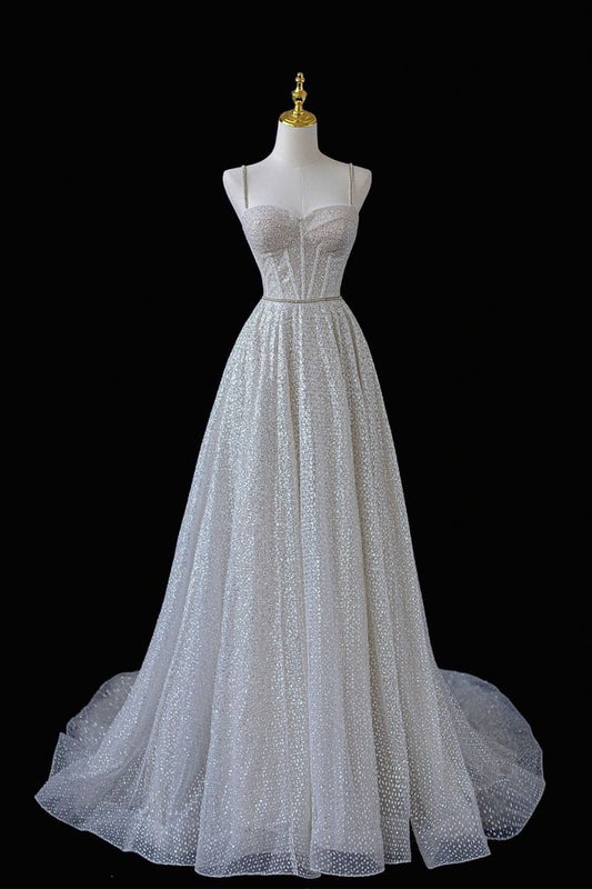 Shiny A Line Spaghetti Straps Tulle Sequin Beading Long Prom Dress,Evening Dress GG549