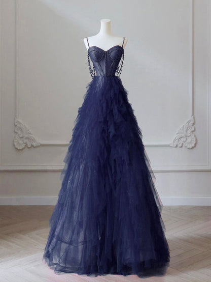 Gorgeous A Line Spaghetti Straps Sweetheart Tulle Beading Long Prom Dress,Evening Dress GG551