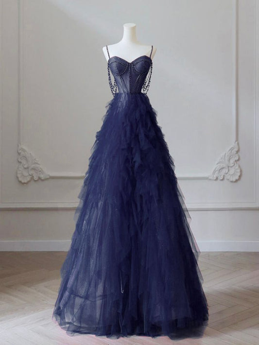 Gorgeous A Line Spaghetti Straps Sweetheart Tulle Beading Long Prom Dress,Evening Dress GG551