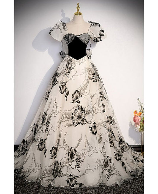 Ink Painting A Line Sweetheart Tulle Short Bubble Sleeves Long Prom Dress,Evening Dress GG559