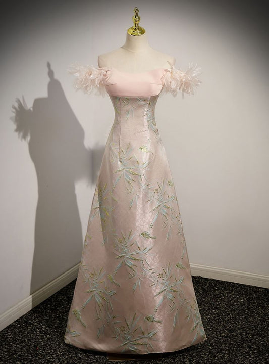 Elegant A Line Off The Shoulder Pink Satin Printed Long Prom Dress,Evening Dress GG560