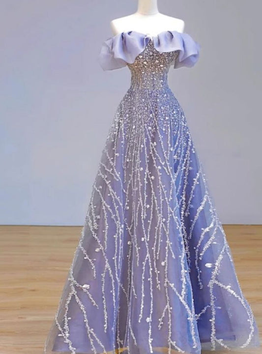 Graceful A Line Off The Shoulder Sequin Tulle Long Prom Dress,Evening Dress GG571