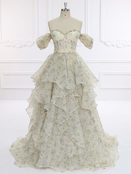 Elegant A Line Off The Shoulder Printing Floral Chiffon Long Prom Dress,Evening Dress GG575