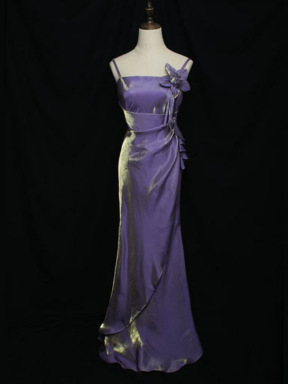 Purple Vintage Mermaid Spaghetti Straps Floral Long Prom Dress,Evening Dress GG605