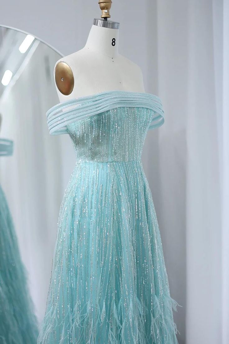 Glam A Line Off The Shoulder Beading Tulle Imitation Feather Long Prom Dress,Evening Dress GG641