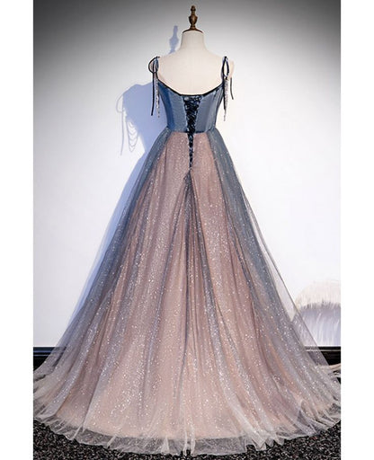 Chic A Line Spaghetti Straps Velvet Sequin Tulle Long Prom Dress,Evening Dress GG673
