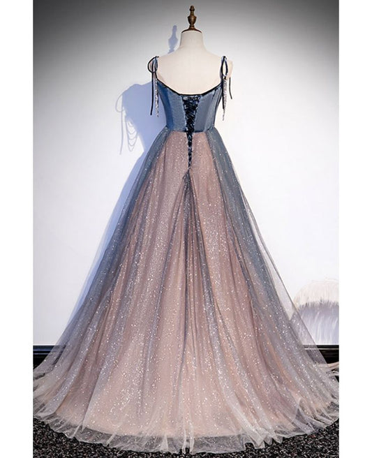 Chic A Line Spaghetti Straps Velvet Sequin Tulle Long Prom Dress,Evening Dress GG673