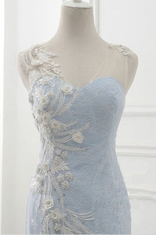 Awesome Mermaid Sweetheart Pale Blue Sweep Train Lace Applique Long Prom Dress,Evening Dress GG705
