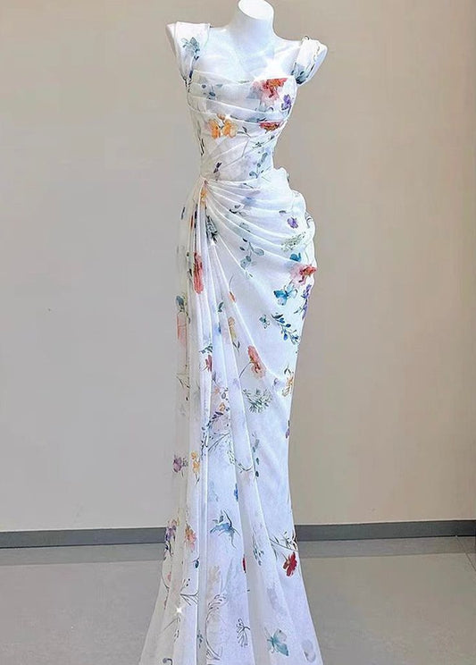 Exquisite Mermaid Square Water Flower Chiffon Pleats Long Prom Dress,Evening Dress GG714