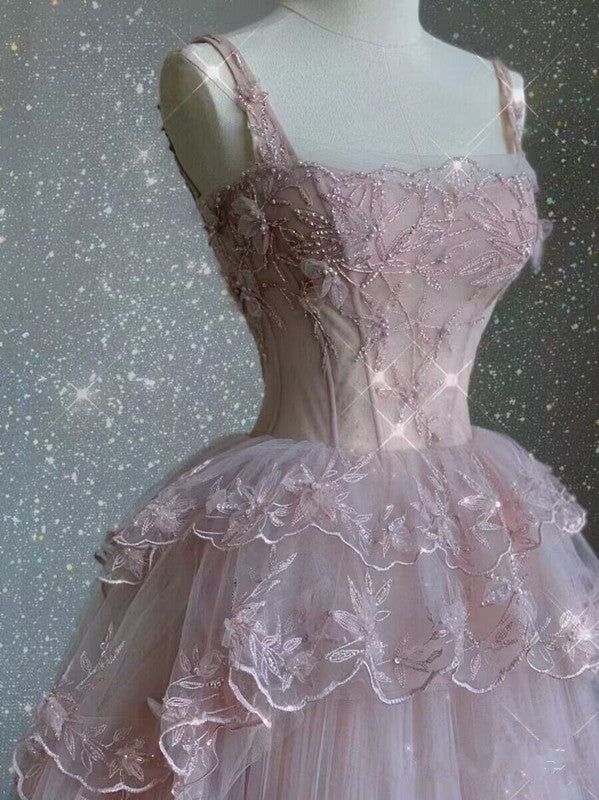 Charming Ball Gown Square Pink Lace Applique Tulle Long Prom Dress,Evening Dress GG729