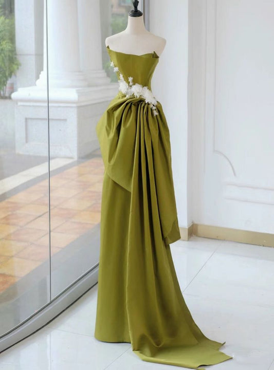 Graceful A Line Strapless Satin Pleats Applique Long Prom Dress,Evening Dress GG768