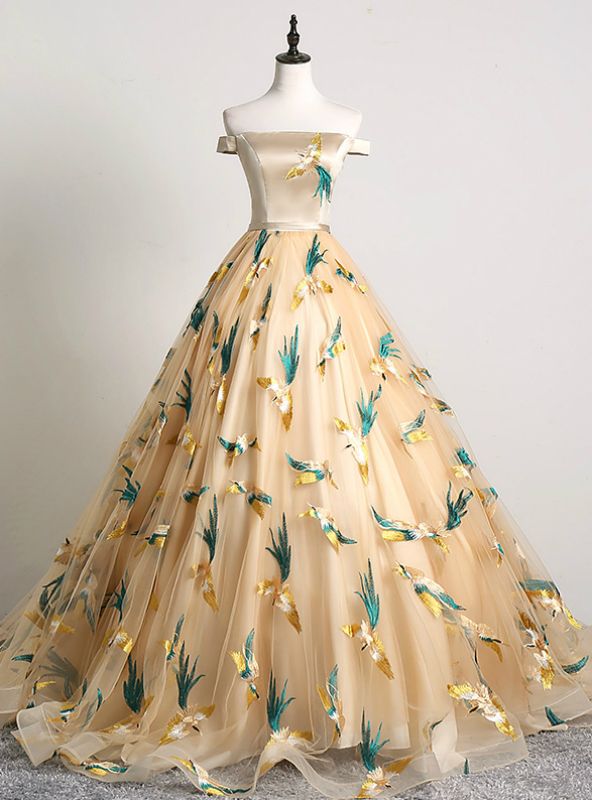 Glam Ball Gown Off The Shoulder Gold Applique Satin Long Prom Dress,Evening Dress GG771