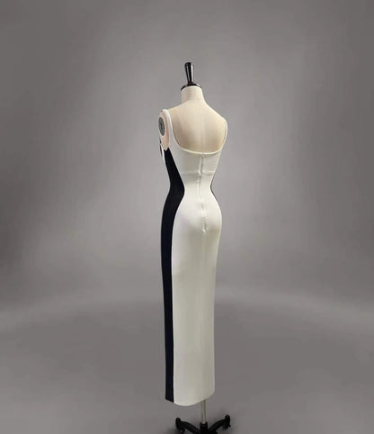 Chic Mermaid Spaghetti Straps White With Black Satin Long Prom Dress,Evening Dress GG828