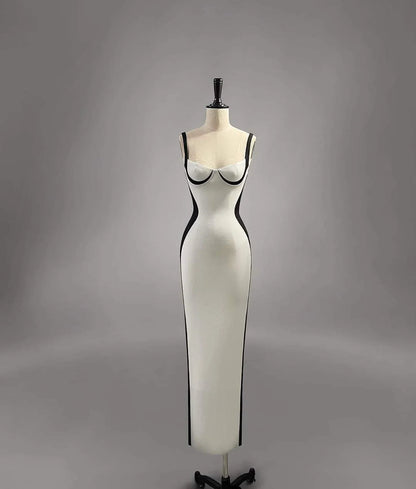 Chic Mermaid Spaghetti Straps White With Black Satin Long Prom Dress,Evening Dress GG828