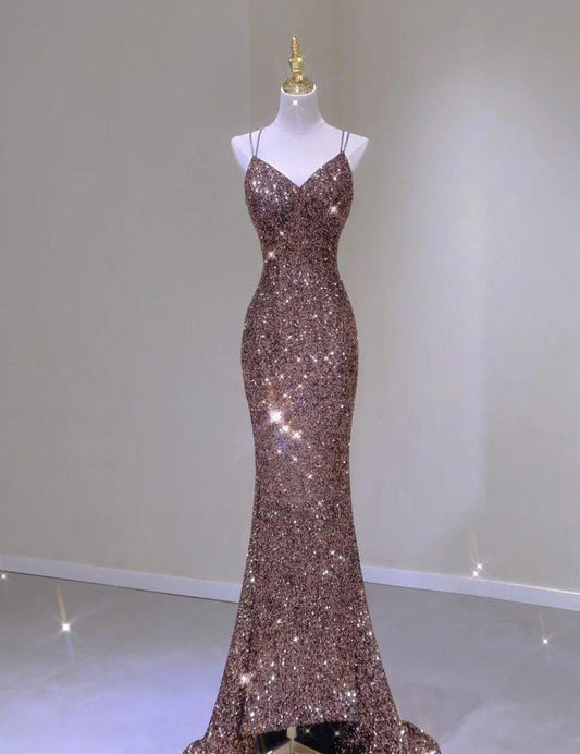 Glitter Mermaid Spaghetti Straps Sequin Long Prom Dress,Evening Dress GG843