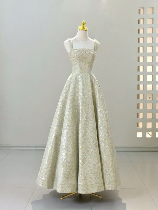 Shiny A Line Square Sequin Satin Long Prom Dress,Evening Dress GG849