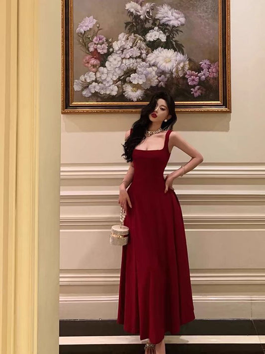 Simple A Line Square Wine Red Satin Long Prom Dress,Evening Dress GG851