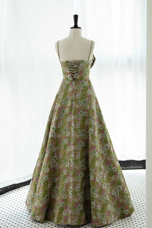 Gorgeous A Line Spaghetti Straps Satin Print Floral Long Prom Dress,Evening Dress GG880
