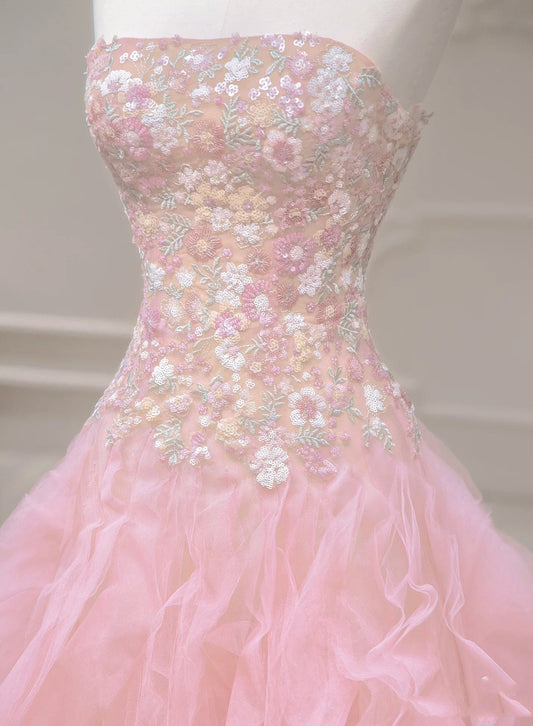 Luxurious A Line Strapless Pink Tulle Applique Long Prom Dress,Party Dress,Evening Dress GG888