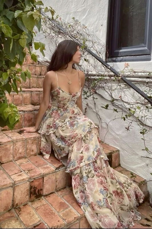 Delicate A Line Spaghetti Straps Chiffon Layered Printing Floral Long Prom Dress,Evening Dress GG930