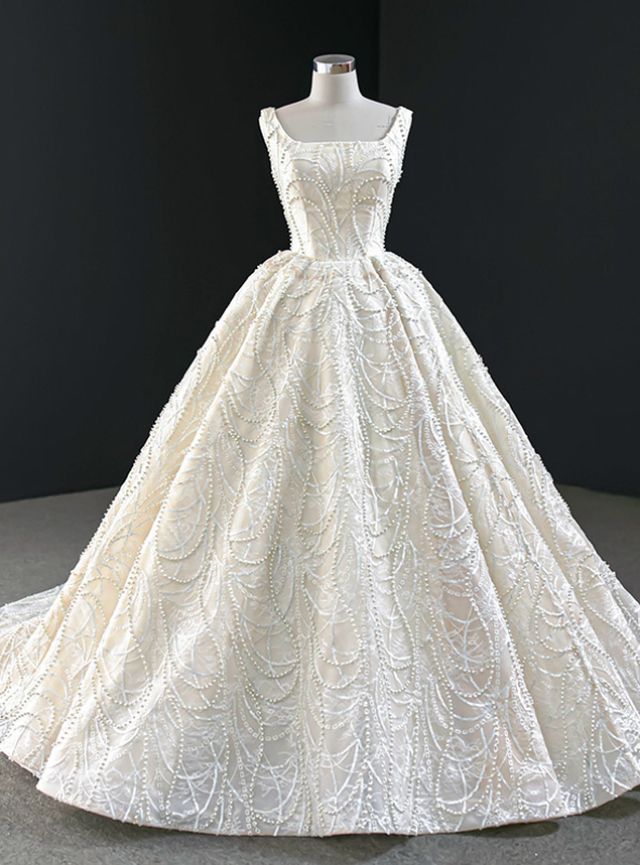 Delicate Ball Gown Square Ivory Satin Beaded Long Prom Dress,Evening Dress GG937