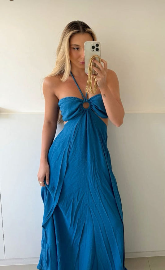Sexy A Line Halter Sweetheart Blue Satin Long Prom Dress,Evening Dress GG968