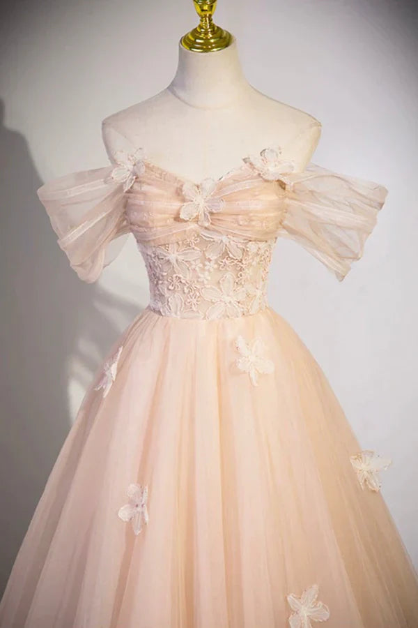Cute Flowers Prom Dresses Tulle Long Formal Dresses Off Shoulder Evening Dresses