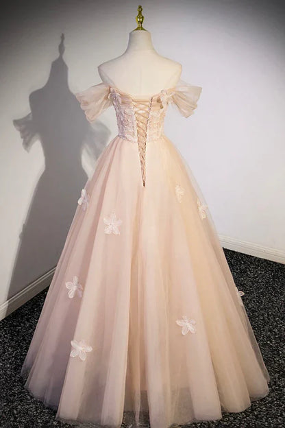 Cute Flowers Prom Dresses Tulle Long Formal Dresses Off Shoulder Evening Dresses