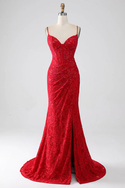omberprom Mermaid Long Prom Dress Spaghetti Straps Beaded Lace Applique With Slit