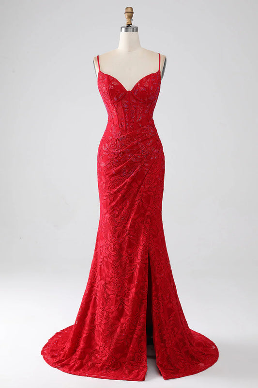 omberprom Mermaid Long Prom Dress Spaghetti Straps Beaded Lace Applique With Slit