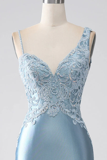 omberprom Grey Blue Mermaid Spaghetti Straps Long Beaded Prom Dress With Appliques