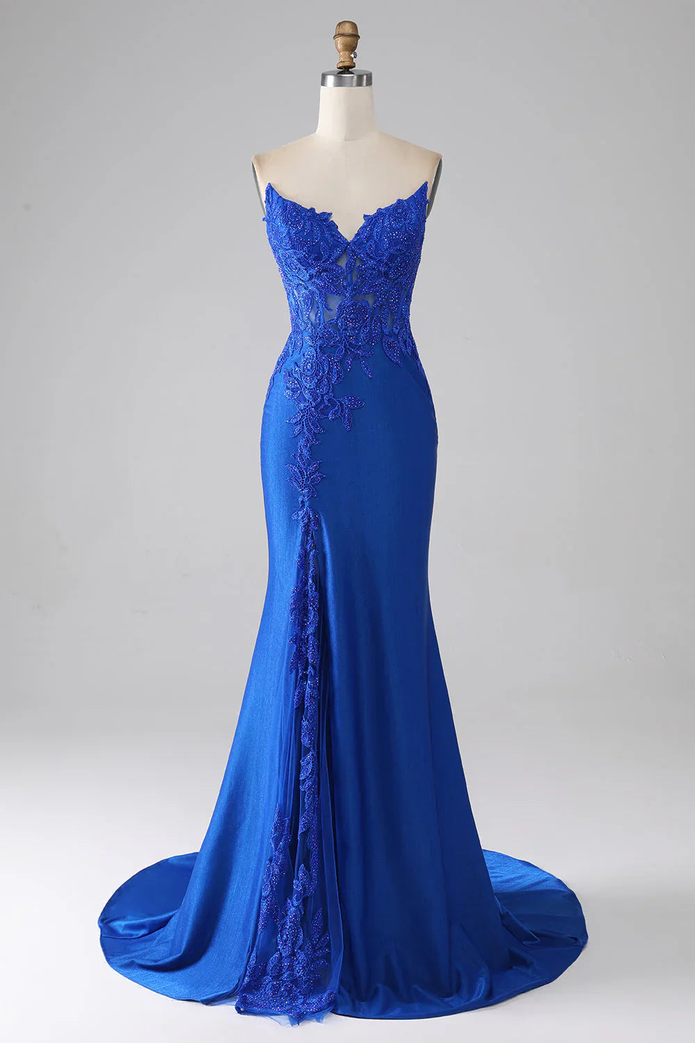 omberprom Royal Blue Mermaid Strapless Long Beaded Prom Dress With Appliques