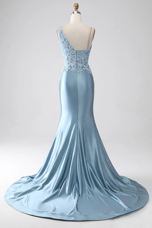 omberprom Grey Blue Mermaid Spaghetti Straps Long Beaded Prom Dress With Appliques