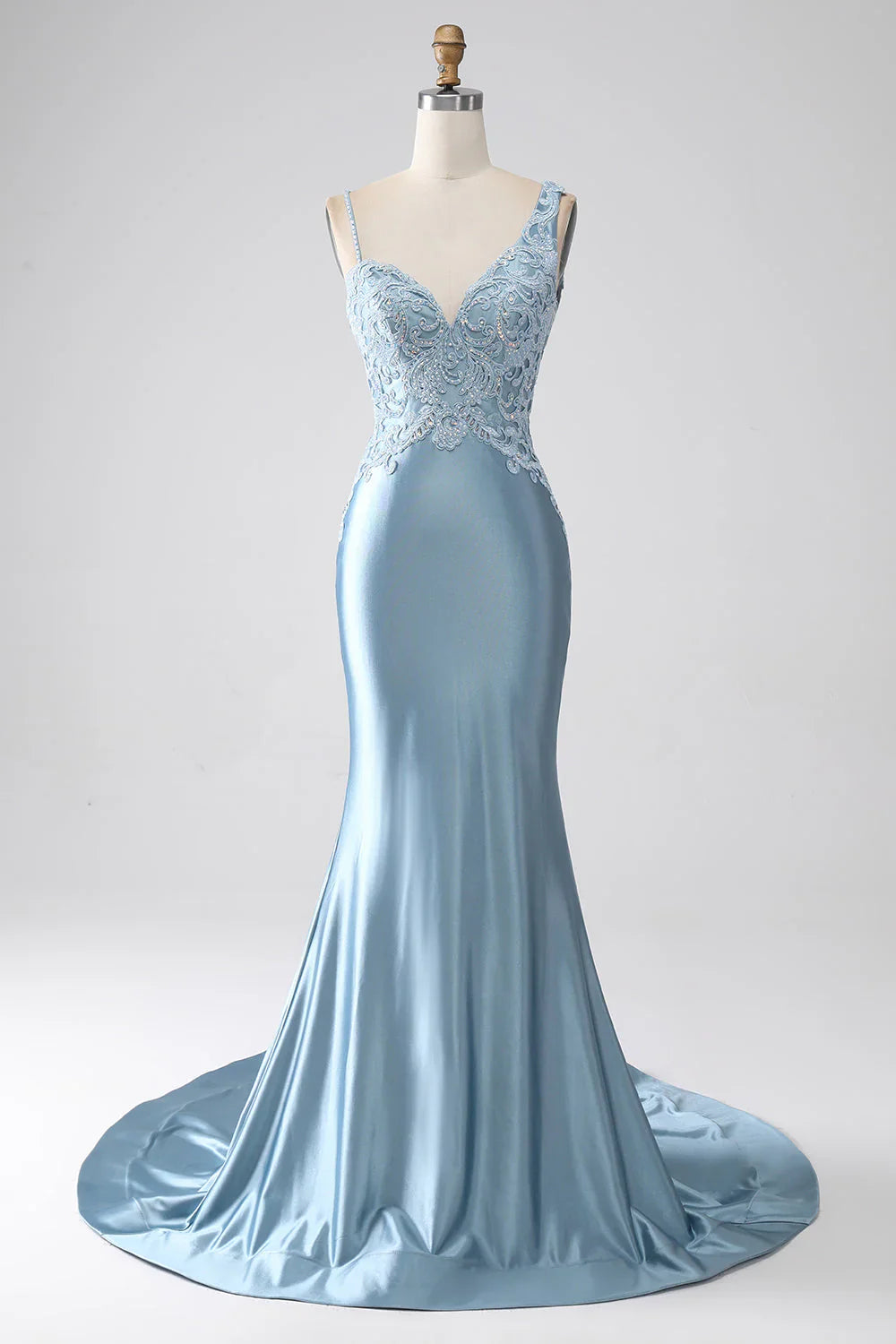 omberprom Grey Blue Mermaid Spaghetti Straps Long Beaded Prom Dress With Appliques