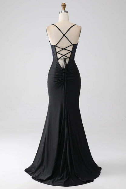 omberprom Mermaid Spaghetti Straps Long Corset Black Prom Dress With Beading