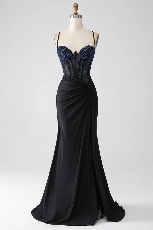omberprom Mermaid Spaghetti Straps Long Corset Black Prom Dress With Beading